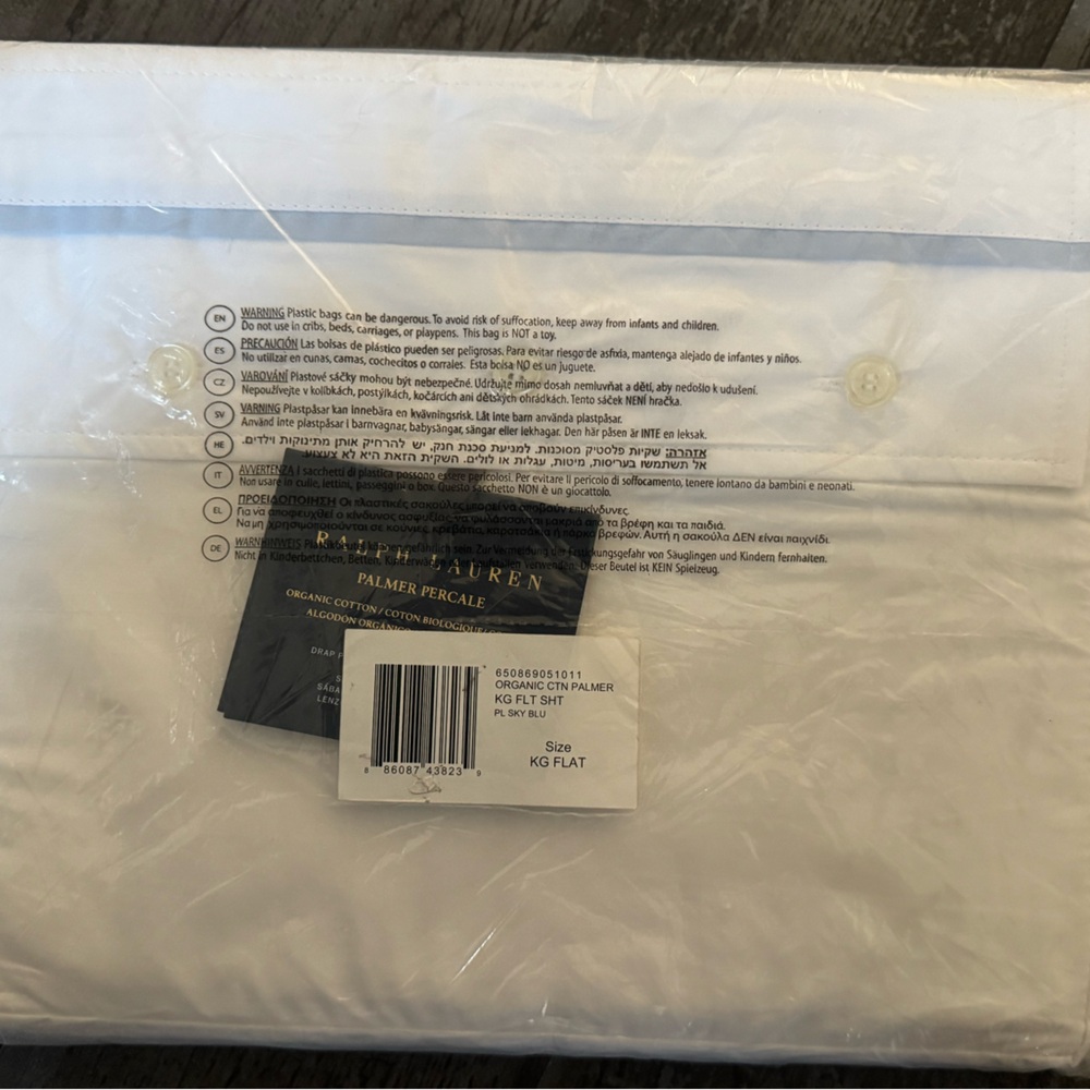 RALPH LAUREN Home Percale Palmer sky Blue Flat Sheet NEW King Organic Cotton